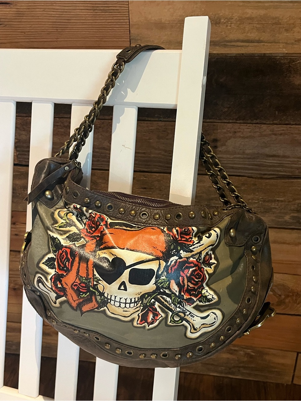 Isabella Fiore Skull & Roses Leather Chain-Handle Shoulder Bag in Olive